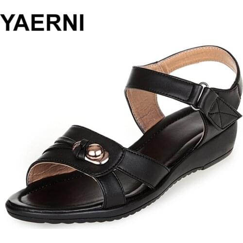YAERNI Adult Fashion Glitter Large SizeChunky Low Heel Songy Sandalias Wedge Hoop & Buckle Women Pumps Full Grain Real Leather
