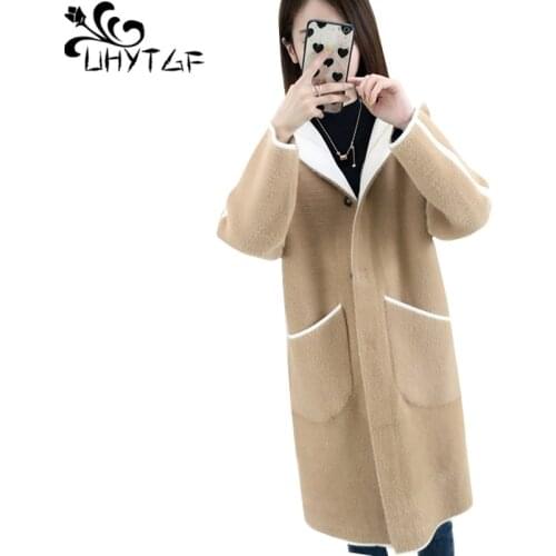 UHYTGF Imitation Mink Fleece Jacket Women Knitted Cardigan Autumn Winter Sweater Coat Hooded Double Sided Wear Elegant Tops 1842