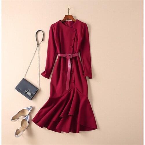 Lady Long Sleeve Slim Mid Calf Celebrity Party Dresses with Belt European Fashion Woman Dress 2019 Spring New Designers Elegant