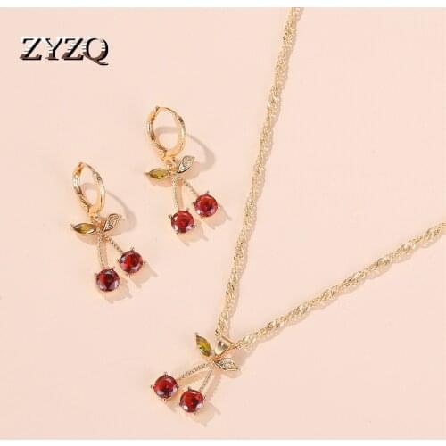 ZYZQ Cute Jewelry Set Small Fresh Pomegranate Red Cherry Necklace Simple Wild Cubic Zirconia Earrings