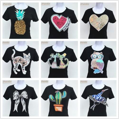 1pc Cat Cactus Pineapple Sequined Patch For Clothes Iron-on Embroidered Patch Diy Motif Applique Stickers Garment Accessories