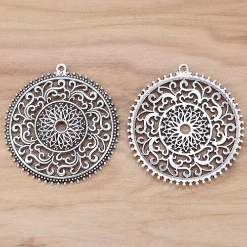 5 Pieces Large Open Filigree Flower Round Charms Pendants for Necklace Jewellery Making Findings 50x50mm