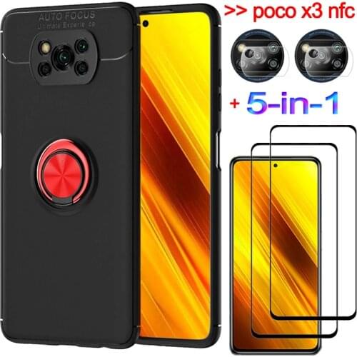 5-in-1, phone cases + tempered glass for poco-x3 nfc magnetic ring silicone cover pocophone x 3 xiaomi poco x3 nfc case poco x3