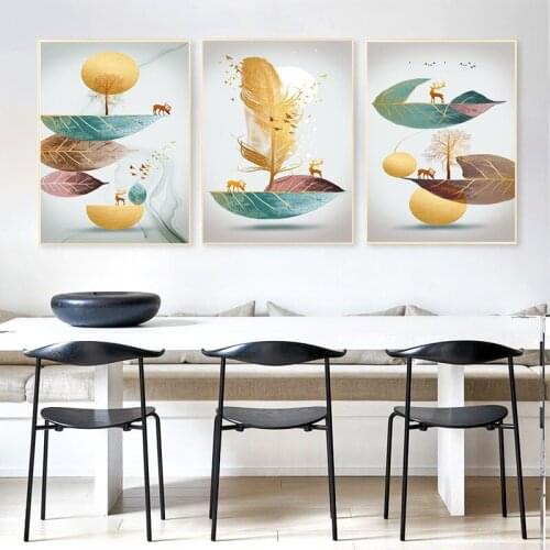 Modern Abstract Art Golden Feather Deer Green Leaf diamond Painting Wall Art Pictures for Living Room Home Decor embroidery