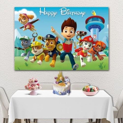 Running Dogs Blue Sky Cartoon Backdrop Photography Ryde Family Patrol Kid Birthday Party Photo Background For Table Decor Vinyl
