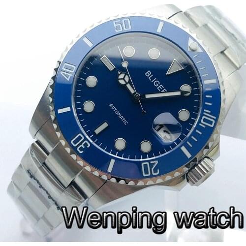 Bliger 43mm Silver Case Sapphire Glass Ceramic Bezel Blue Dial Luminous Japan NH35A Movement Mens Top Luxury Automatic Watch
