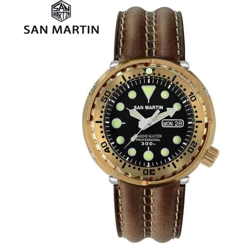 San Martin Diver Tuna Bronze Automatic Mechanical Men Watch Leather Strap Sapphire Luminous 300M Waterproof Calendar Windows