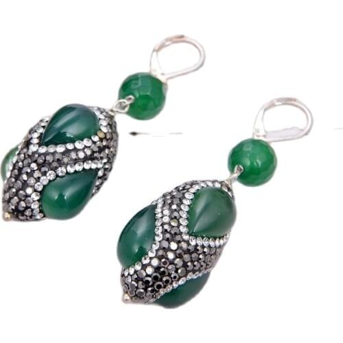GG Jewelry Green Agates Black Rhinestone Pave Rice Dangle Lever Back Earrings For Women Lady Jewelry