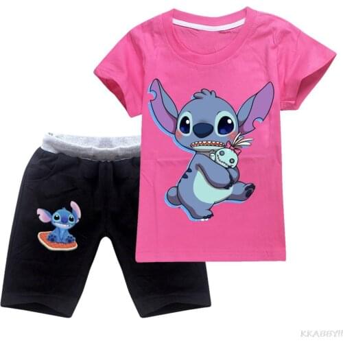 Disney Stitch Children clothing sets boys clothes t shirt Summer suits toddler girls sets top+pant 2Pcs sets sports suit