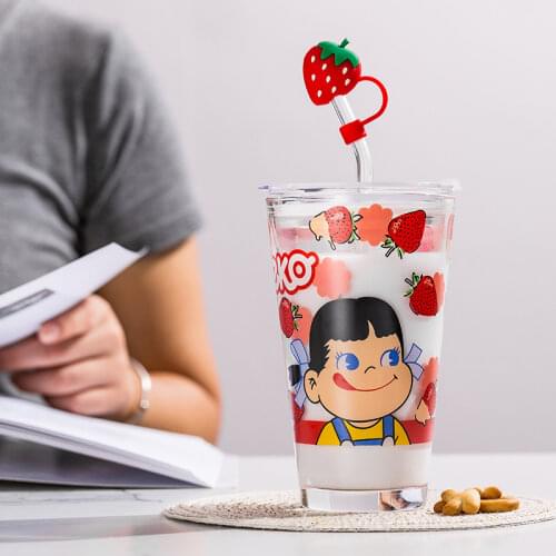 450ml Cute Strawberry Glass Straw Cup Thicken Heat Resistant Leakproof Nordic Style Breakfast Milk Juice Water Cup for Girl Boy
