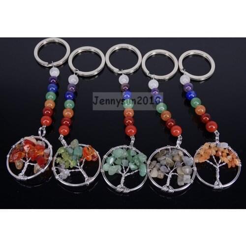 Natural Gems Stone Reiki Chakra Chip Tree of Life Pendant Charms Key Ring Silver Jewelry Design 10Pcs/Pack