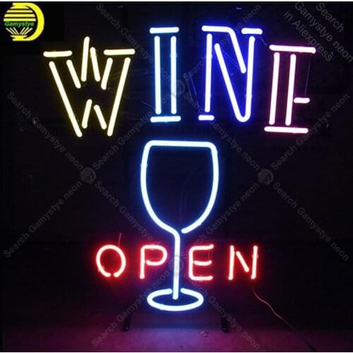 Neon Sign for OPEN WINE and wine cup neon art home improvement Handicraft Store Real Glass Tubes white board Bar room Accesaries