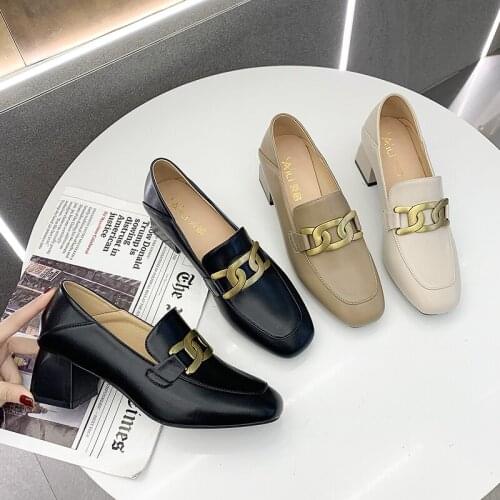 Solid Black Leather Oxford Shoes For Women Pumps Metal Buckle Slip on Thick High Heels Shoes Woman Plus Size Ladies Shoes