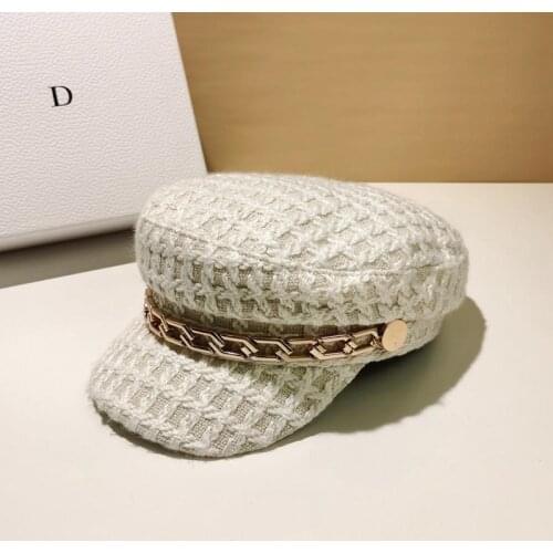 Autumn Winter Fashion Metal Chain Octagonal Hat Casual Women Leisure Military Baseball Cap