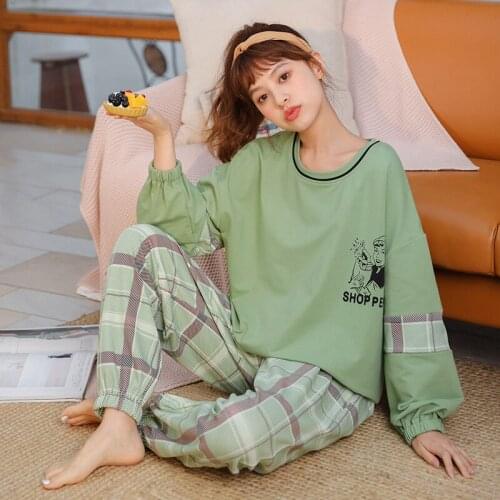 Autumn Winter Casual Homewear Female Pyjamas Cottonl Loose Sleepwear Set Women Full Pajamas Set Long Sleeve Elastic Waist Pijama