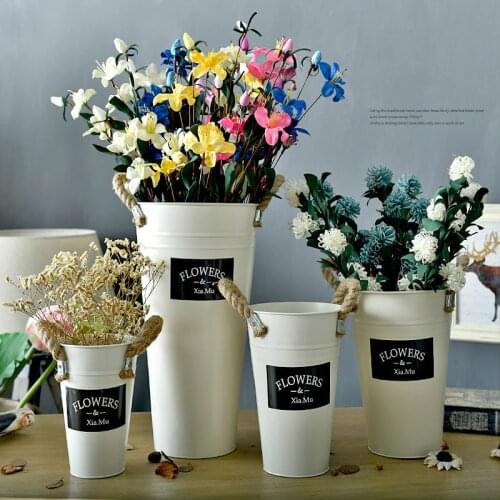 Hemp Rope Bucket Creative Decoration Wrought Iron Vase Flower Shop Window Decoration Flower Pot Retro Flower Arrangement Bucket