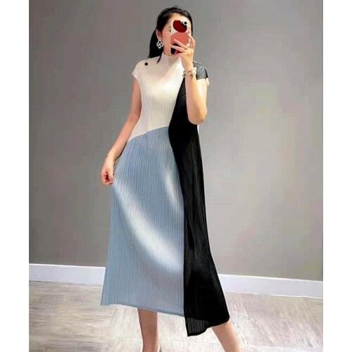 Miyake Pleated A-line Dress One Button Long Dress Sleeveless Vintage Causal Dress Bobo Dress