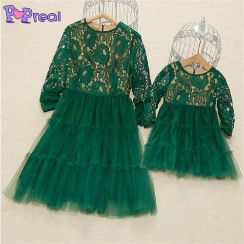 PopReal Parent-Child Outfit Fashion O-Neck Mother Kids Dress Family Matching Clothes Mother Daughter Outfits Lace Mesh Stitching