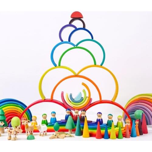 Rainbow Stackers Building Toys for Kids Wooden Contruction Toys Montessori Educational Toys Parent-child Creative DIY Toys