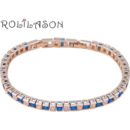 ROLILASON Simple cubic design square cut navy blue and white Zircon crystal silver Bracelet wedding items fashion jewelry TB708