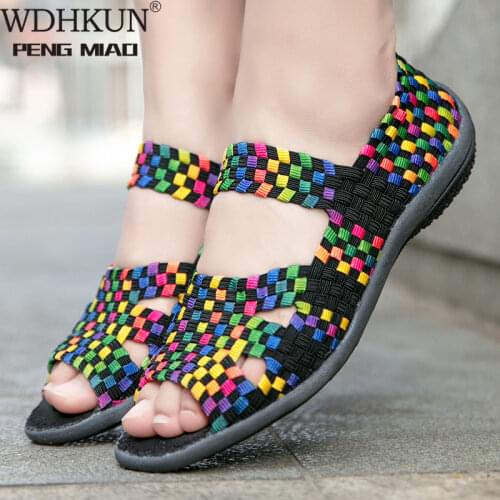 WDHKUN Women Sandals Handmade Woven Flat Shoes Woman 2020 Summer Fashion Breathable Casual Slip-On Colorful Female Footwear