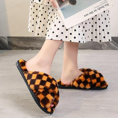Cute Winter House Women Fur Slippers Fashion Cross Band Warm Plush Ladies Fluffy Shoes Girls Cozy Open Toe Indoor Fuzzy Slides