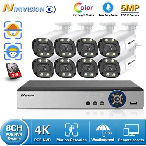 Security Camera System 8CH 4K HD POE NVR Kit CCTV Two Way Audio AI Face Detect Outdoor Video Surveillance 5MP IP Camera Set