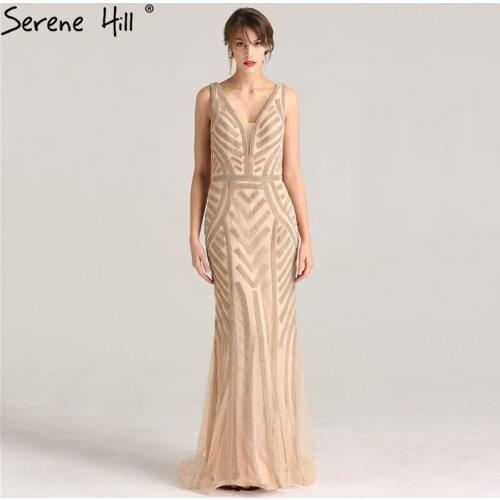 Sexy V-neck Gold Crystal Mermaid Long Evening Dresses 2020 Real Photo Low Back Formal Dress Party Dubai BLA6212