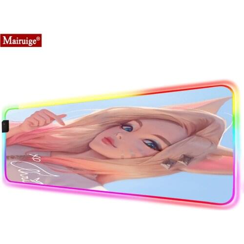 LED Mousepad RGB Animal Ears Blonde Long Hair League of Legends Anime Woman Large Glow Gaming Mouse Pad 90x40cm Gamer Desk Mat
