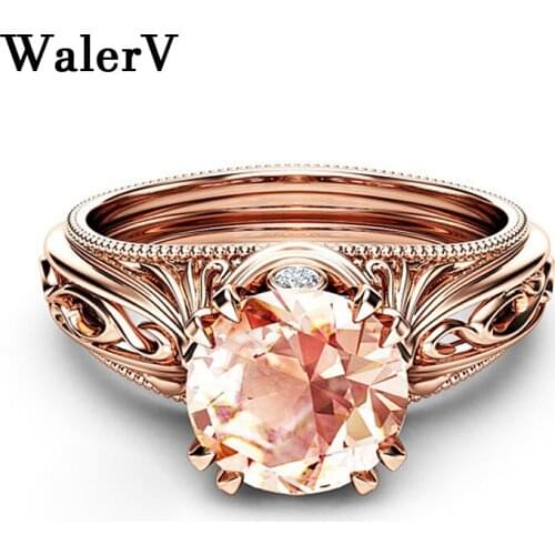 WalerV New for Women Set Gold Color Rings Fashion Jewelry Charm Hollow Flower Round Pink Crystal Stone Ring Wedding Finger Rings