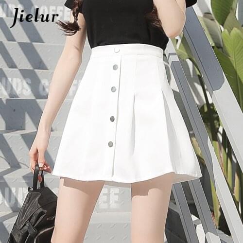 Jielur 2021 Kpop Buttons High Waist Cute A-line Skirts Women Pleated Skirt Female S-XL White Black Navy Blue Elegant Lady Faldas