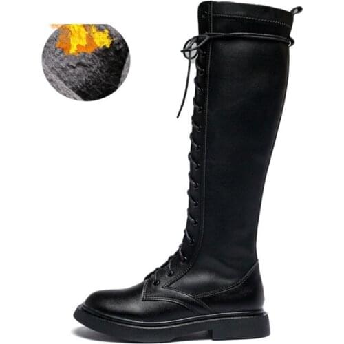 Knee High Women Boots Durable Quality Soft Leather Punk Motorcycle Booties Winter Boots Women snow Shoes Lace Up Platform