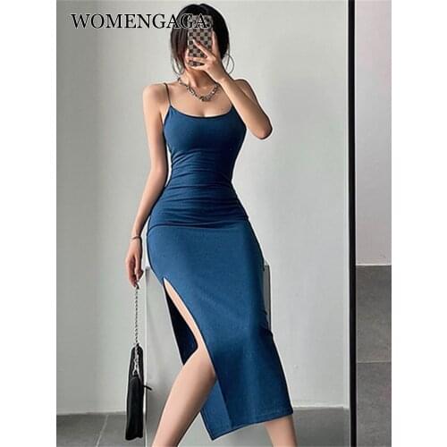 WOMENGAGA Sexy Slim Shoulder Strap High Split Long Skinny Hip Strap Tank Maxi Long Dresses Party Dress Sexy Korean Women PKIJ