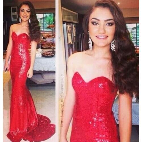 Mermaid Sweep Train Red Sequin Long Sweetheart Floor Length Formal party prom gown 2018 Robe De Soiree bridesmaid dresses