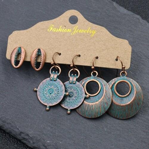 3PCS/Set Ethnic Bronze Earrings Set Summer Fashion Women Vintage Leaf Star Shell Shape Wedding Jewelry Earrings