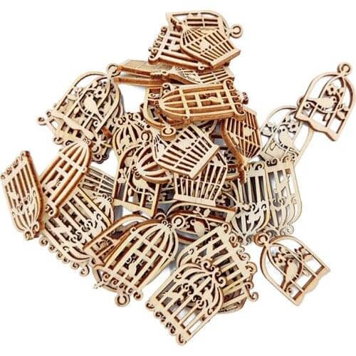 50pcs Wooden Slices Cute Bird Cage Shape Embellishments Ornament Unfinished Wood for Party Decoration DIY Craft Supplies
