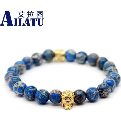 Ailatu 10 Pieces High Grade Jewelry Wholesale 8mm Blue Sea Sediment Stone Bead with Bronze Skull Bracelet