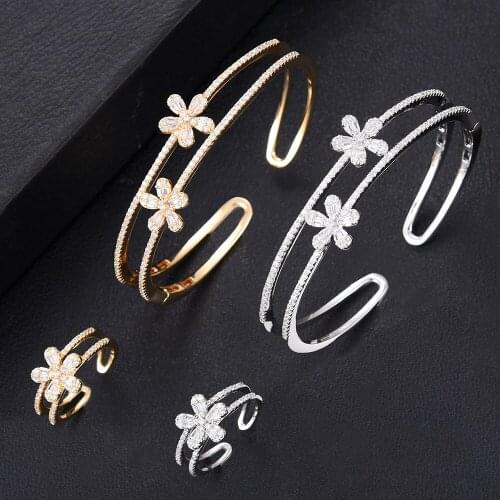 Kellybola Trendy Full Cubic Zircon Flower Bracelet Ring Set Exquisite Jewelry Womens Daily Anniversary High Quality Accessories