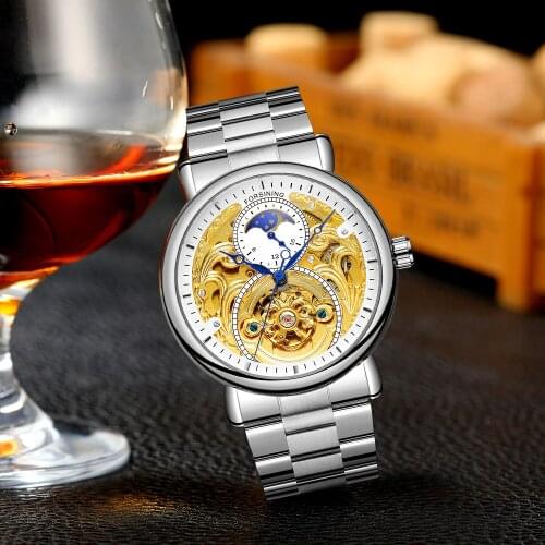 Forsining Luxury Engraving Skeleton Automatic Moonphase Men Wristwatch Stainless Steel Business Man Mechanical Watch Relogio