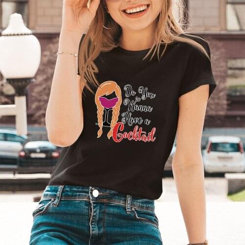 Disney Wine Glass Princess Series Women T-Shirt Dropship Summer New Fashion Letters Pattern Black White T Shirts Female Harajuku