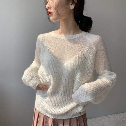 French Style Mohair Loose Micro-openwork Round Neck Long-sleeve Sweater Spring and Autumn Women Knit Pullovers Top NS1948