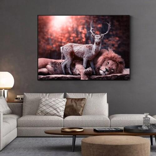 Lion and Deer Canvas Paintings on The Wall Modern Animals Posters and Prints Pictures Art for Living Room Decoration Unframed HD