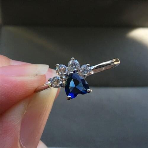 Cute Female Green Blue Zircon Stone Ring Fashion Dog Cat Bear Paw Claw Ring Heart Wedding Engagment Rings For Women
