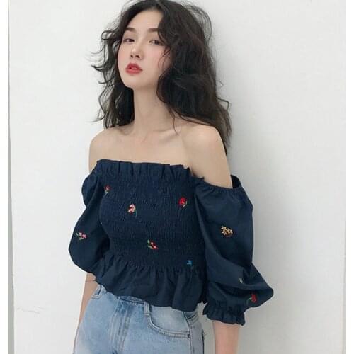 Summer Shirt Women 's Floral Embroidery Slash Neck Casual Sweet Sexy Navel Exposed Short Sleeve Blouse