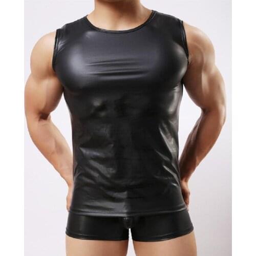 Hot Sale Man Black Faux Leather Sexy Simple Vinyl Lingerie Sleeveless Top Erotic Male Sleepwear Underwear Lingerie S-XL WT5782