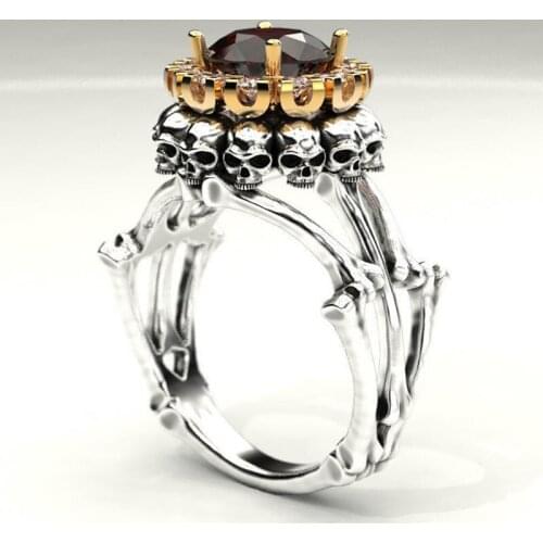 Exaggerated Skull Ring For Women Punk Style Fashion Jewelry Charm Red Round Cubic Zirconia evil Skeleton Rings For Party Jewelry
