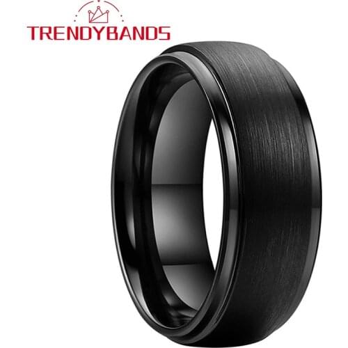 Mens Tungsten Carbide Ring Women Wedding Band 8MM Black Stepped Edges Brushed Finish Comfort Fit