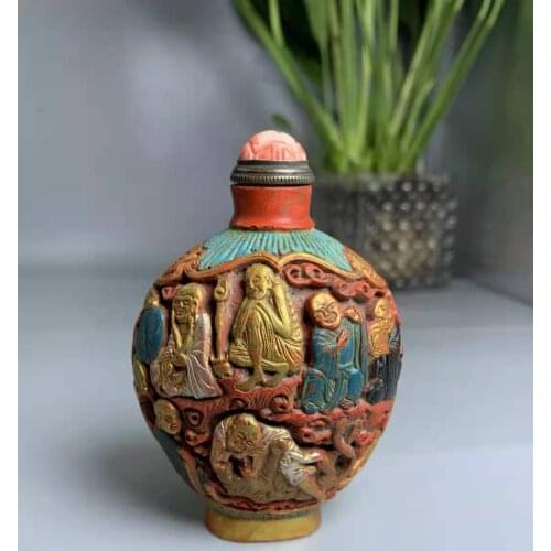 Very rare Qing Dynasty (QianLong1711-1799)Cinnabar & painted snuff bottle,Eighteen Arhats,Free shipping