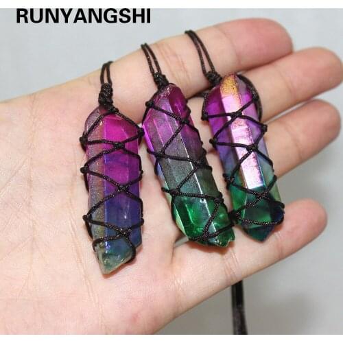 Runyangshi 1pc Natural clear quartz Single crystal column Electroplating Color rough stone Net pocket Necklace
