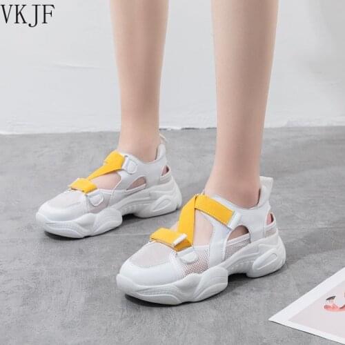 Genuine Leather Summer Sandals for Woman Casual Hook Loop Shoes Mesh High Heels Sandals Women 2021 Summer Closed Toe Shoe